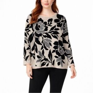 ALFRED DUNNER Beige/Black/Gray Floral Knit Sweater with Subtle Stone Accents NWT